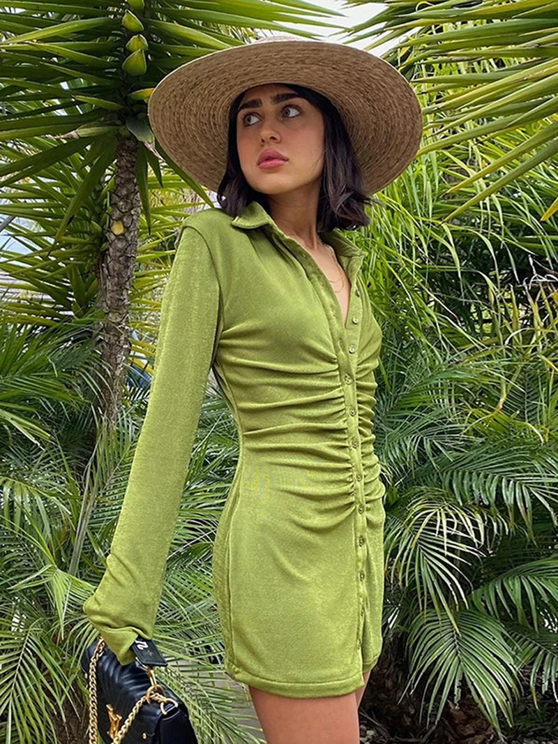 Autumn Ruched Long Sleeve Bodycon Dress Women Turn-Down Collar Sexy Mini Dress Female Button Slim Party Vestidos 2022 in green