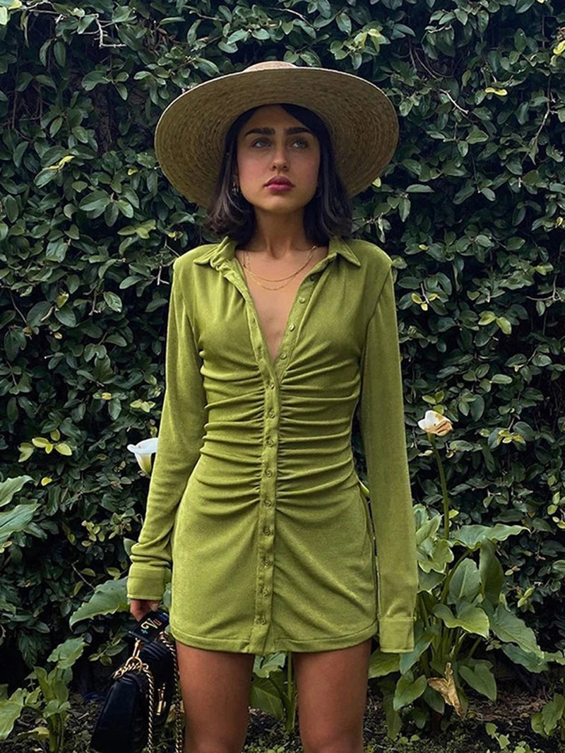 Autumn Ruched Long Sleeve Bodycon Dress Women Turn-Down Collar Sexy Mini Dress Female Button Slim Party Vestidos 2022